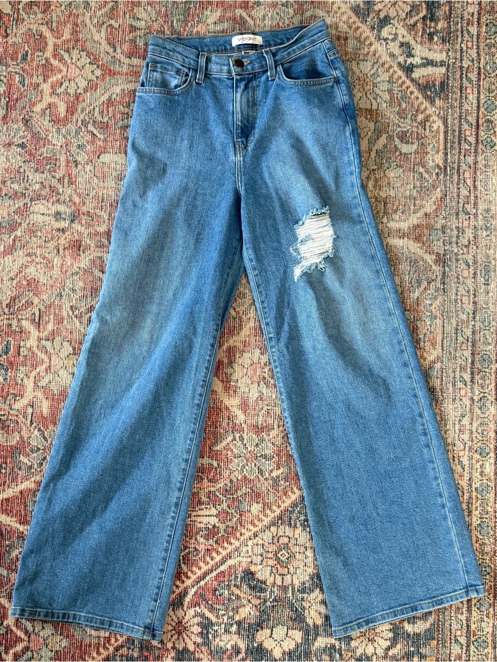 Vibrant Medium Blue Wide-Leg Distressed Jeans- Booty Area Distressed
